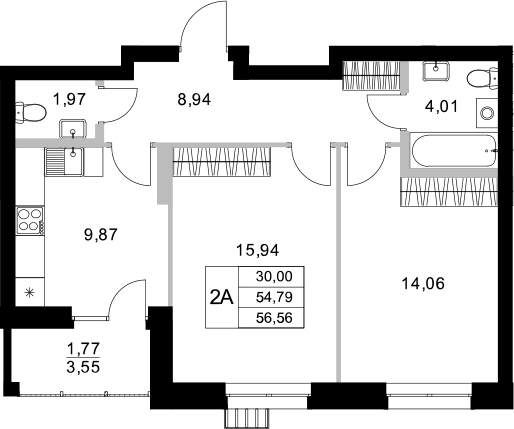 Планировка — Уникум на Амирхана, 2-комн., 55 м²