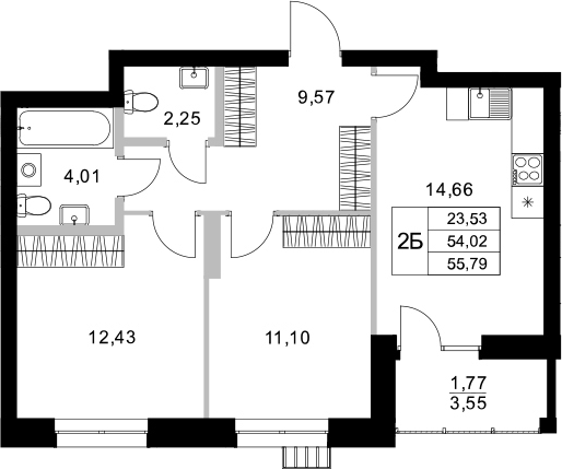 Планировка — Уникум на Амирхана, 2-комн., 54 м²