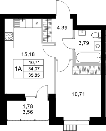 Планировка — Уникум на Амирхана, 1-комн., 34 м²