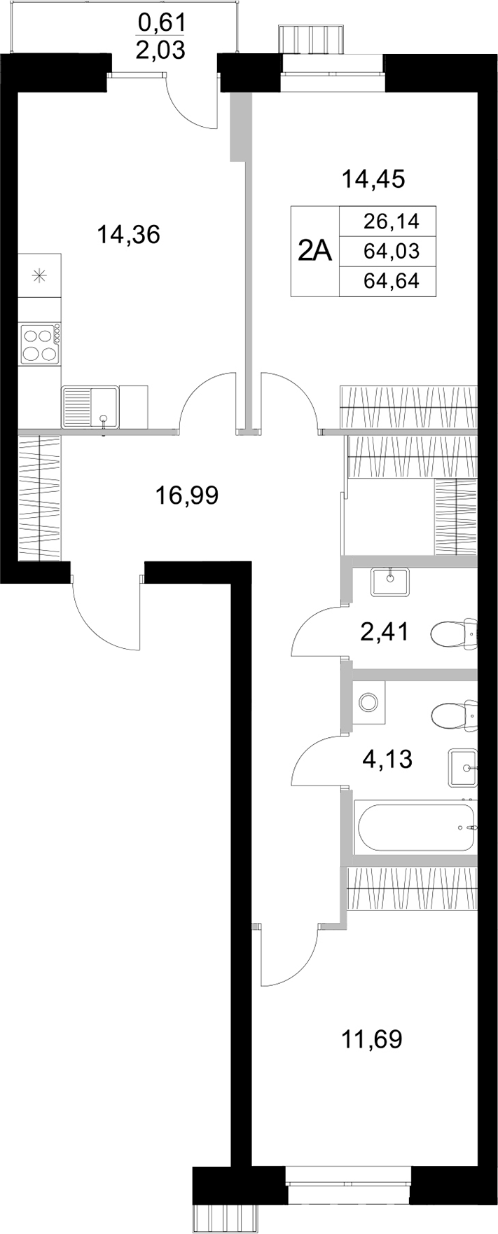 Планировка — Уникум на Амирхана, 2-комн., 64 м²
