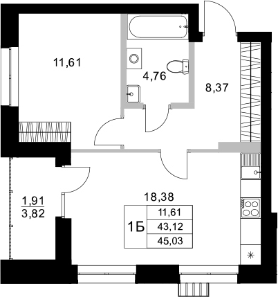 Планировка — Уникум на Амирхана, 1-комн., 43 м²