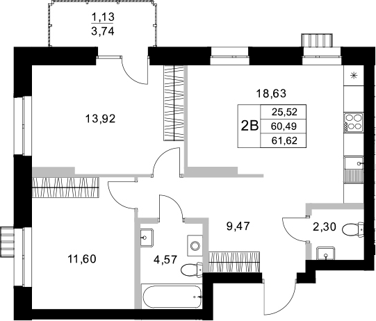 Планировка — Уникум на Амирхана, 2-комн., 60 м²