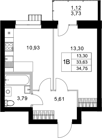 Планировка — Уникум на Амирхана, 1-комн., 34 м²