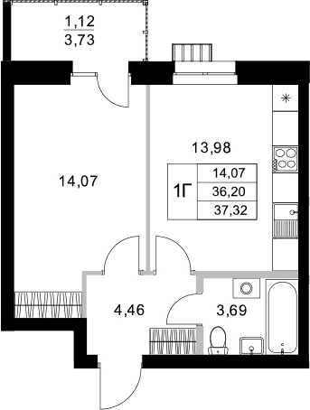 Планировка — Уникум на Амирхана, 1-комн., 36 м²