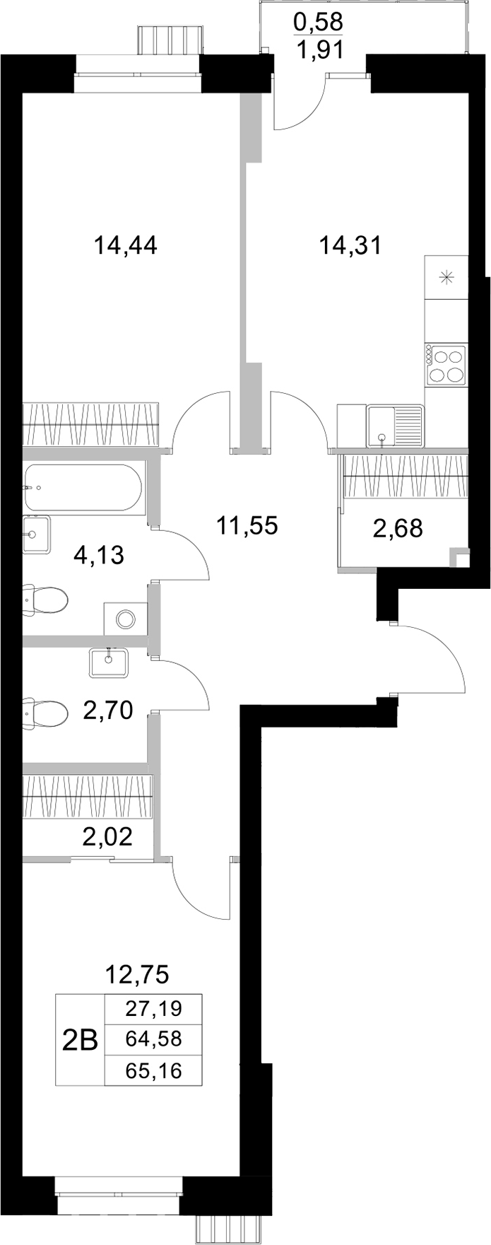Планировка — Уникум на Амирхана, 2-комн., 65 м²
