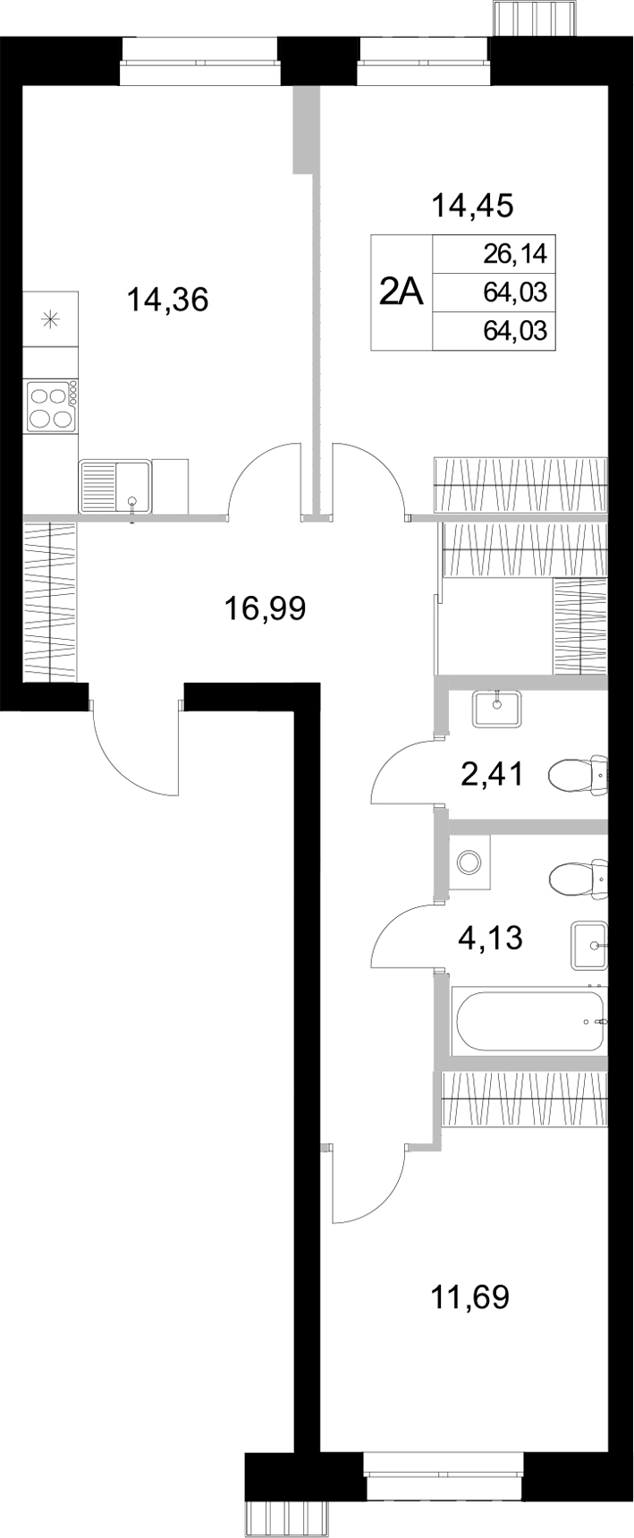 Планировка — Уникум на Амирхана, 2-комн., 64 м²