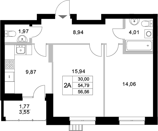 Планировка — Уникум на Амирхана, 2-комн., 55 м²