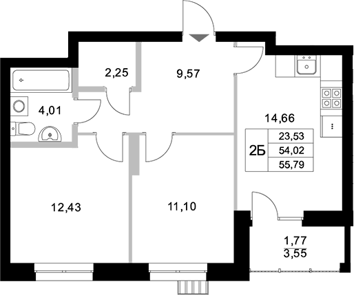 Планировка — Уникум на Амирхана, 2-комн., 54 м²