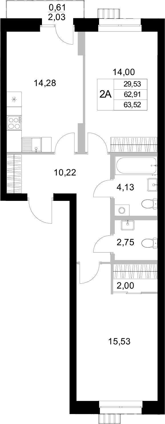Планировка — Уникум на Амирхана, 2-комн., 63 м²