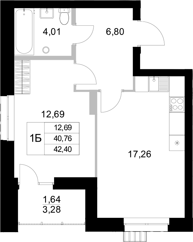Планировка — Уникум на Амирхана, 1-комн., 41 м²