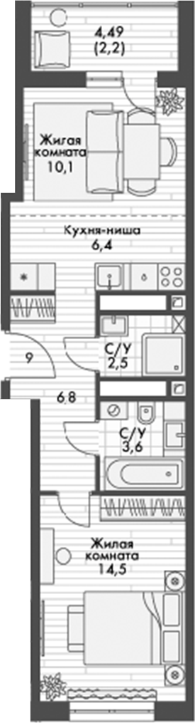 Планировка — Форест, 2-комн., 44 м²