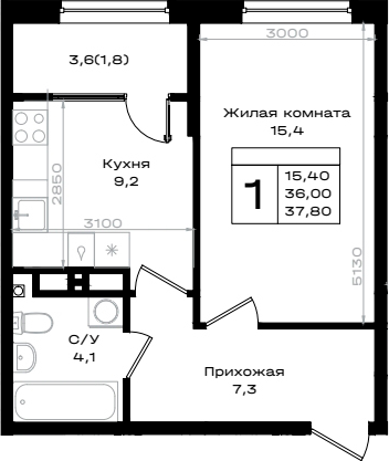 Планировка — Придонье, 1-комн., 36 м²