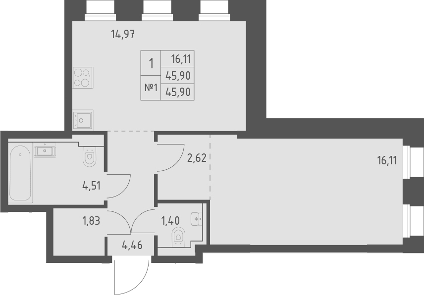 Планировка — Зилант Премьер, 1-комн., 46 м²