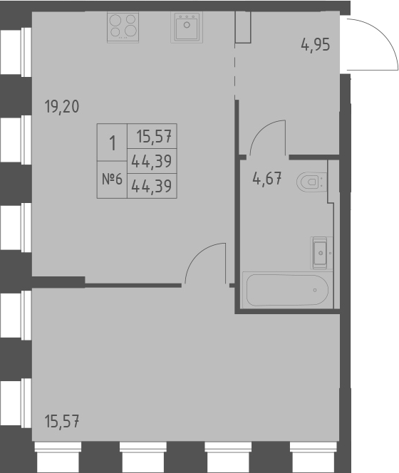 Планировка — Зилант Премьер, 1-комн., 44 м²