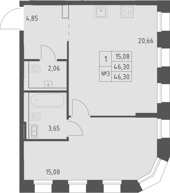 Планировка — Зилант Премьер, 1-комн., 46 м²