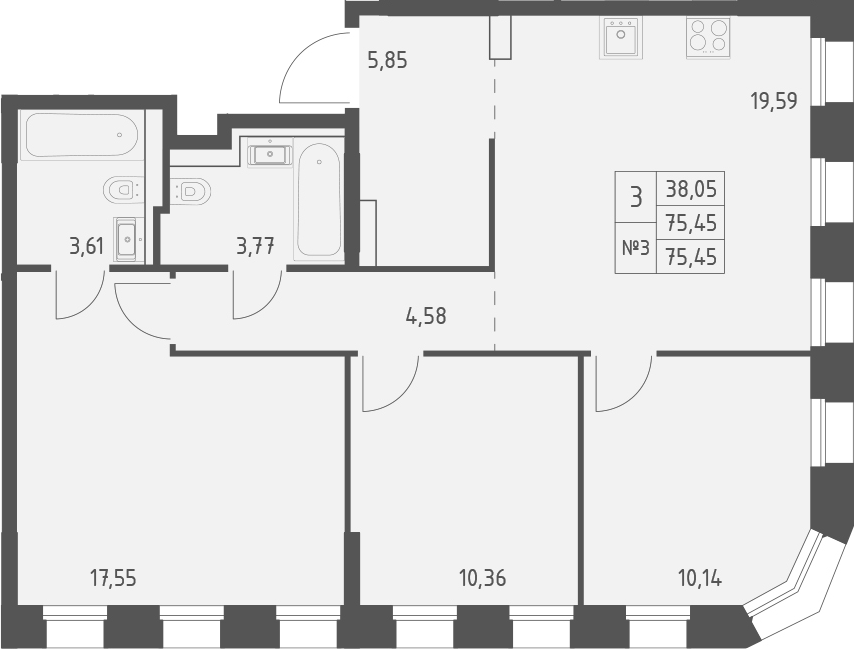 Планировка — Зилант Премьер, 3-комн., 75 м²