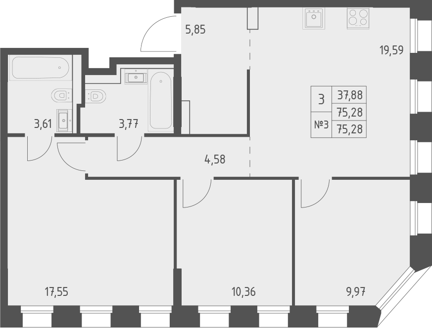 Планировка — Зилант Премьер, 3-комн., 75 м²