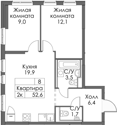 Планировка — Матюшино парк, 2-комн., 53 м²