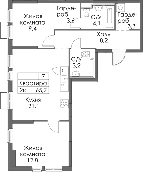 Планировка — Матюшино парк, 2-комн., 66 м²