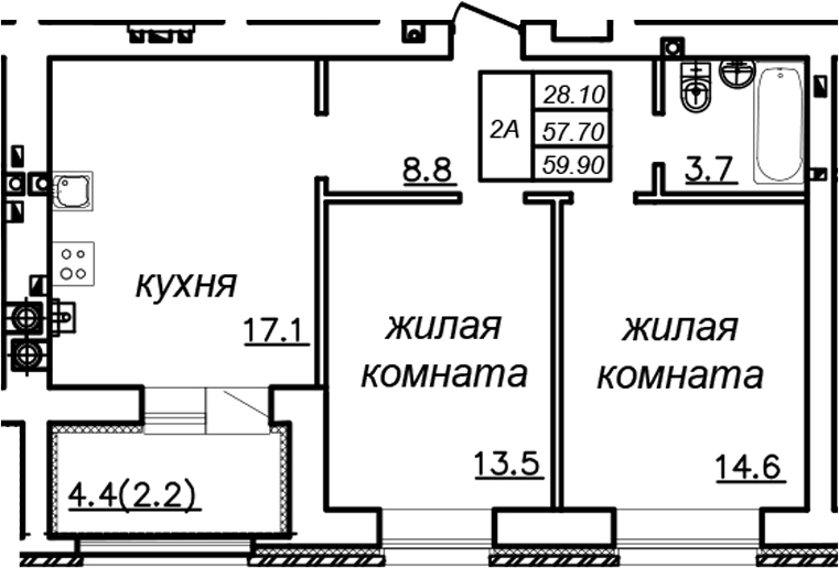 Планировка — Зеленая долина, 2-комн., 58 м²