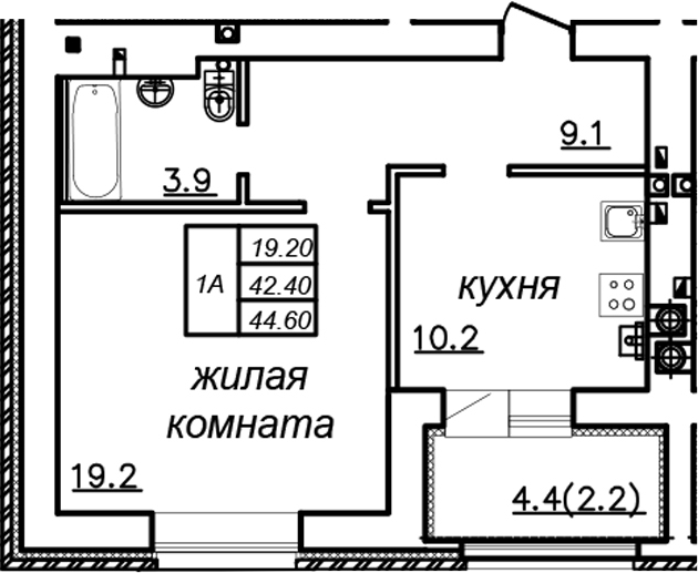 Планировка — Зеленая долина, 1-комн., 42 м²