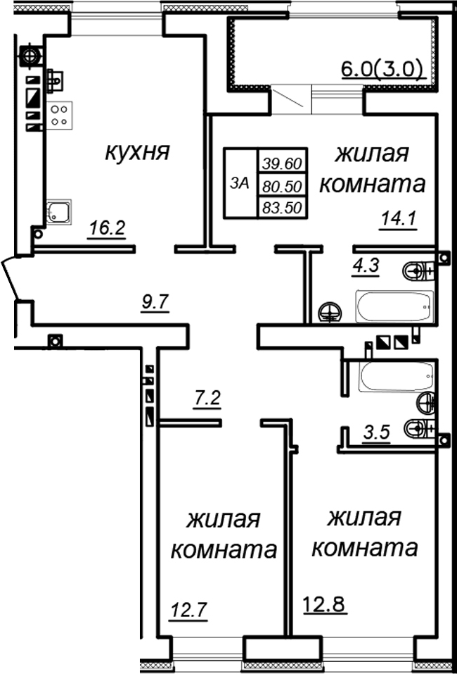Планировка — Зеленая долина, 3-комн., 81 м²