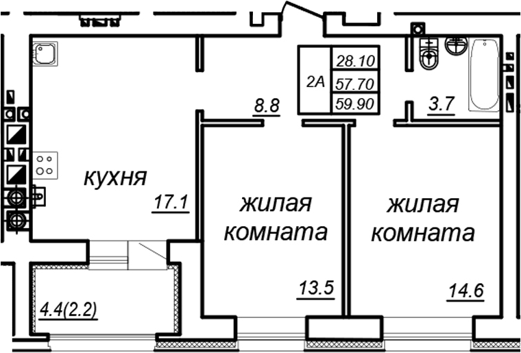 Планировка — Зеленая долина, 2-комн., 58 м²