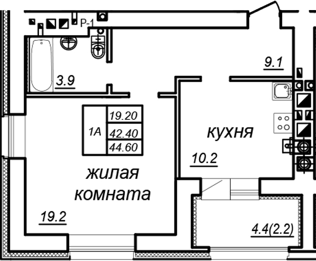 Планировка — Зеленая долина, 1-комн., 42 м²