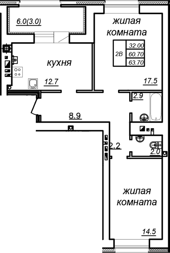 Планировка — Зеленая долина, 2-комн., 61 м²