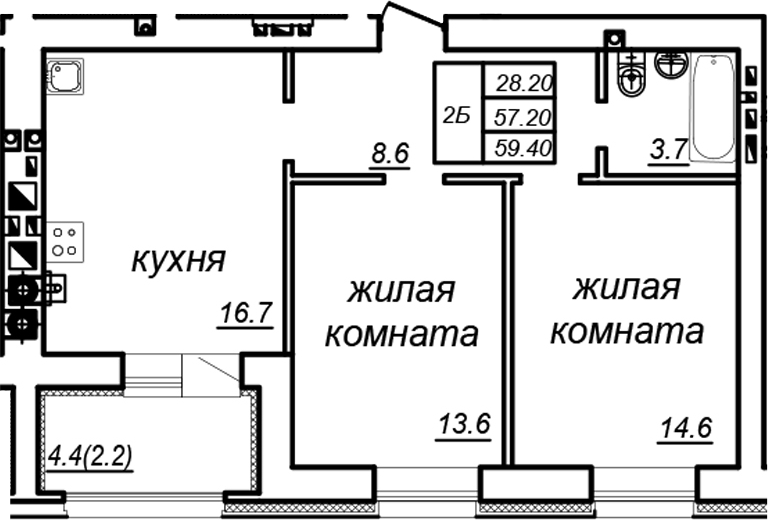 Планировка — Зеленая долина, 2-комн., 57 м²