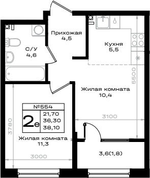 Планировка — Придонье, 1-комн., 36 м²