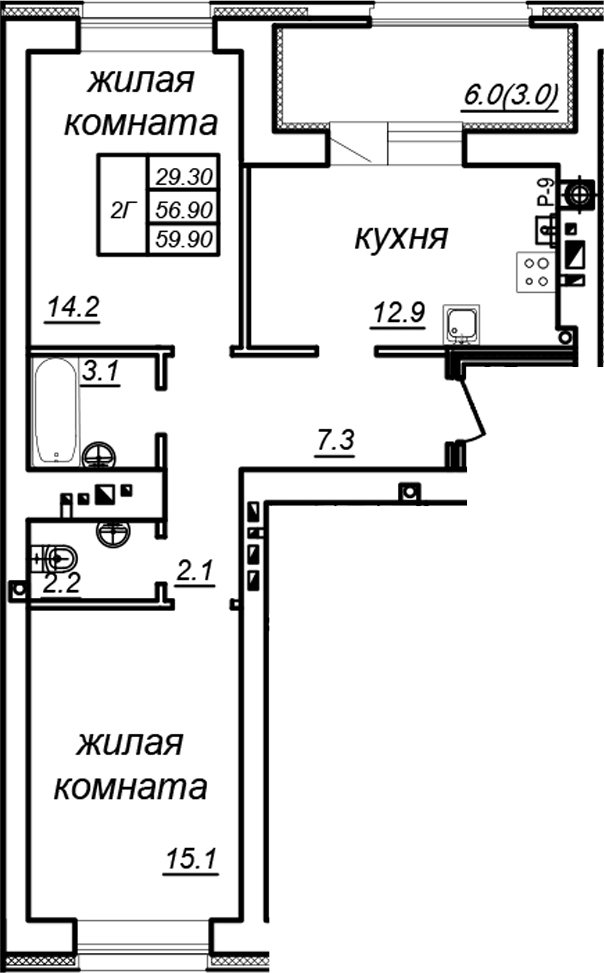 Планировка — Зеленая долина, 2-комн., 57 м²