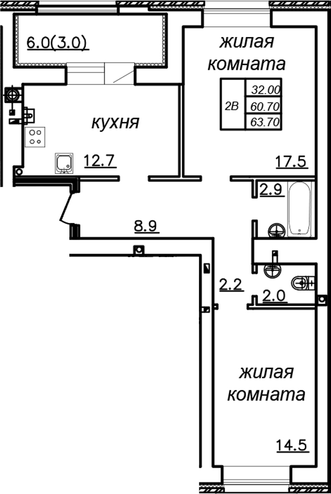 Планировка — Зеленая долина, 2-комн., 61 м²