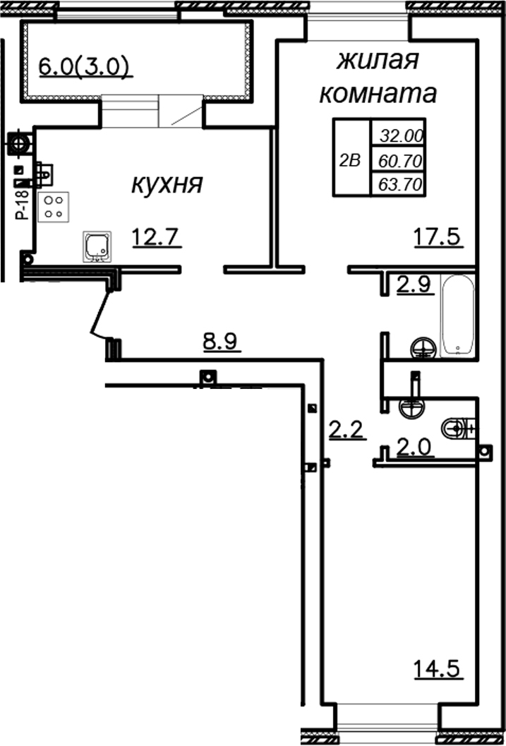 Планировка — Зеленая долина, 2-комн., 61 м²