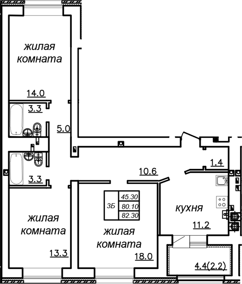 Планировка — Зеленая долина, 3-комн., 80 м²