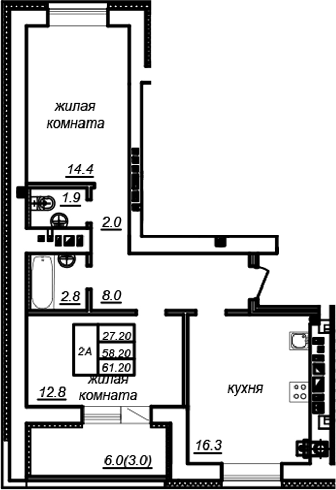 Планировка — Зеленая долина, 2-комн., 58 м²