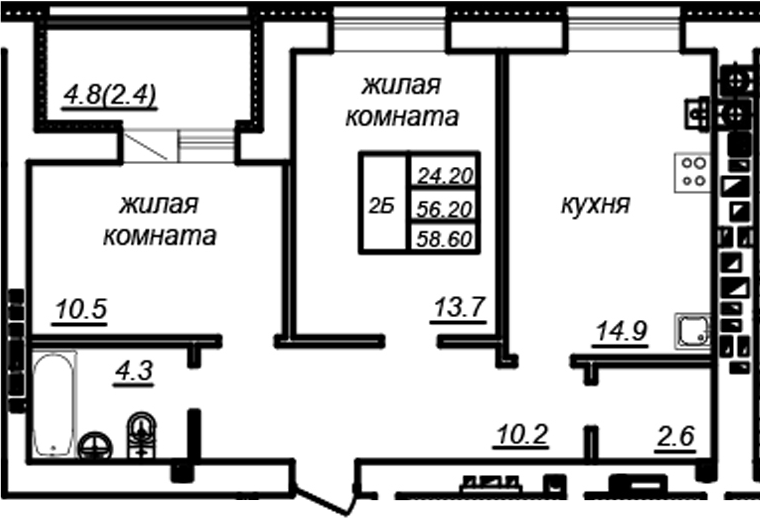 Планировка — Зеленая долина, 2-комн., 56 м²