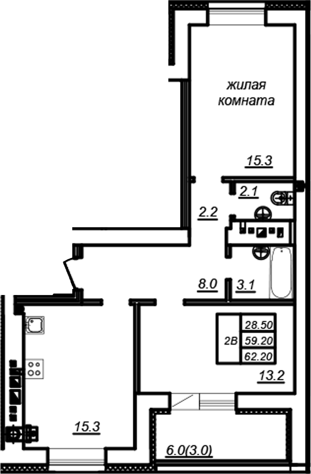 Планировка — Зеленая долина, 2-комн., 59 м²