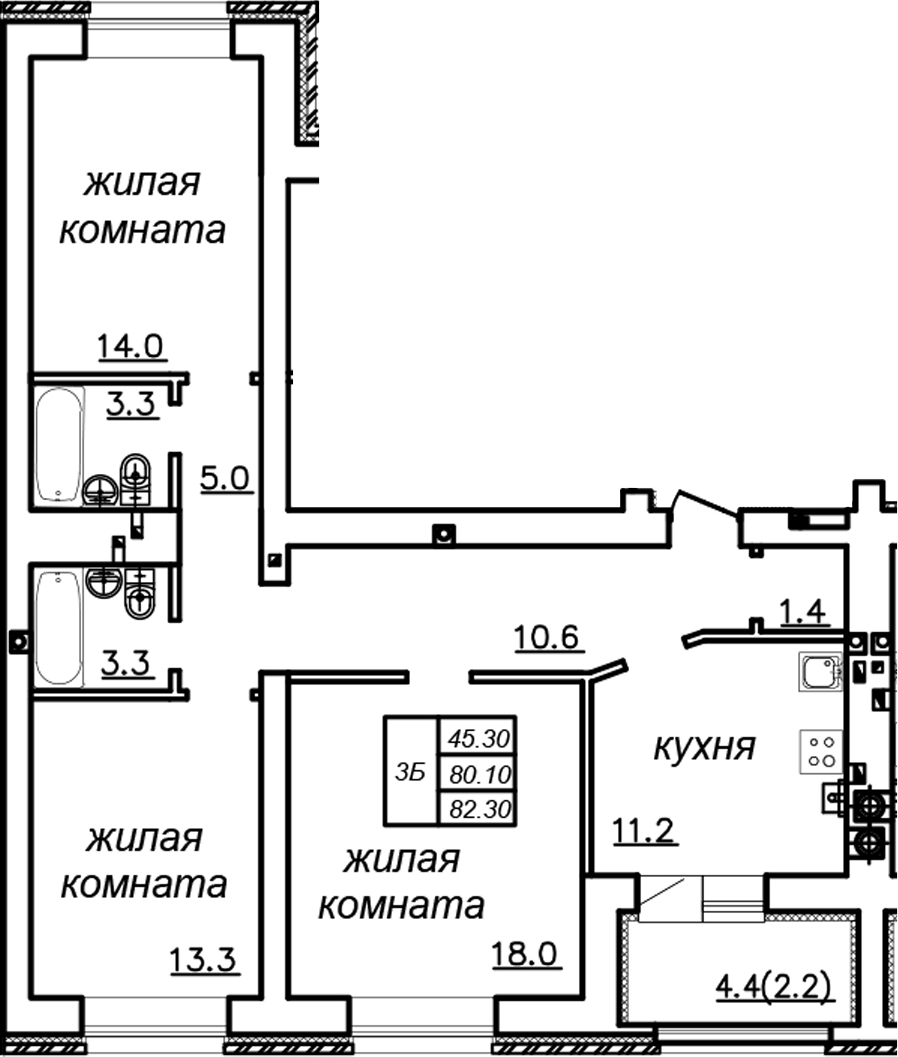 Планировка — Зеленая долина, 3-комн., 80 м²