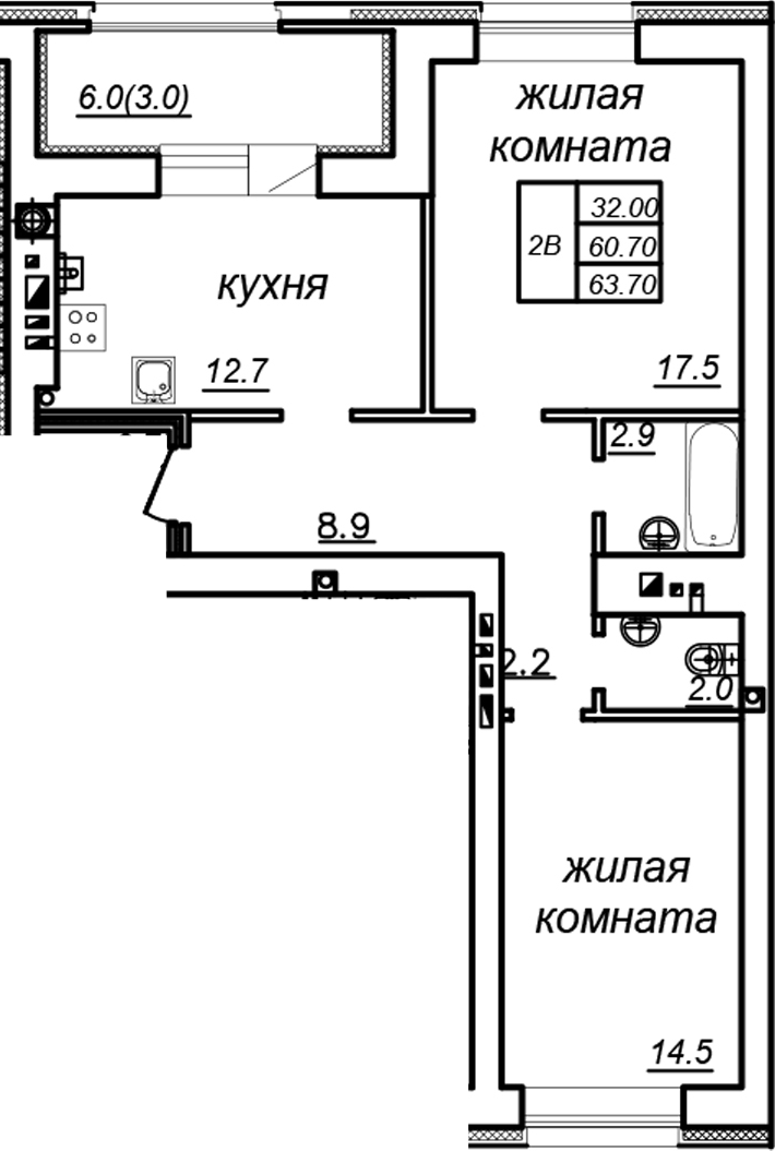 Планировка — Зеленая долина, 2-комн., 61 м²