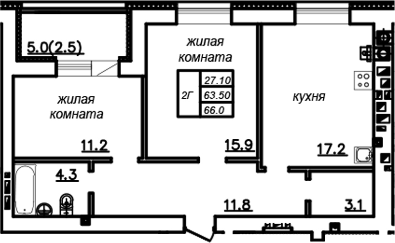 Планировка — Зеленая долина, 2-комн., 64 м²
