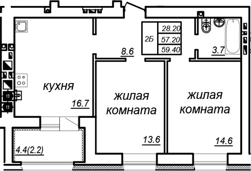 Планировка — Зеленая долина, 2-комн., 57 м²