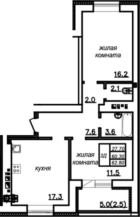 Планировка — Зеленая долина, 2-комн., 60 м²