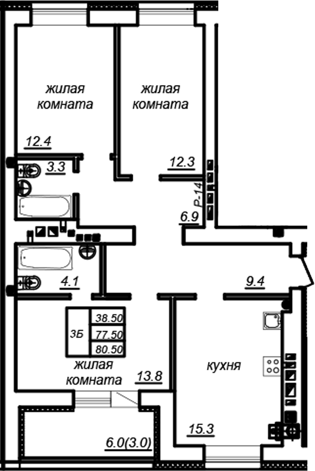 Планировка — Зеленая долина, 3-комн., 78 м²