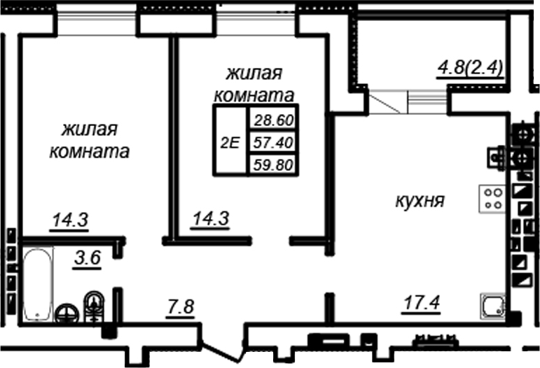 Планировка — Зеленая долина, 2-комн., 57 м²