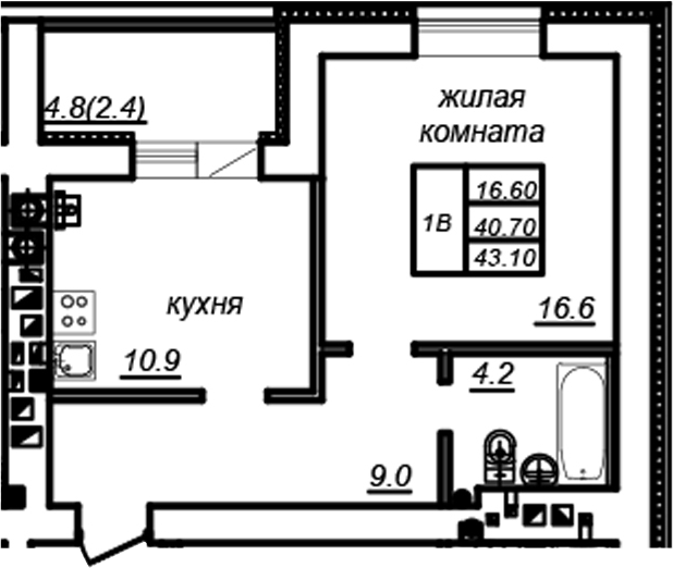 Планировка — Зеленая долина, 1-комн., 41 м²