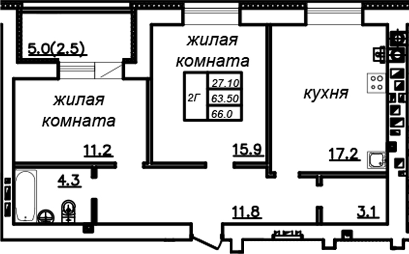Планировка — Зеленая долина, 2-комн., 64 м²