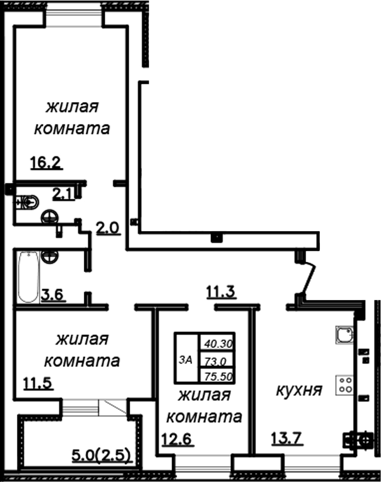 Планировка — Зеленая долина, 3-комн., 73 м²