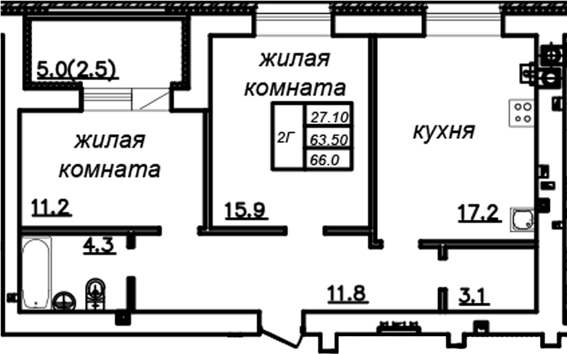 Планировка — Зеленая долина, 2-комн., 64 м²