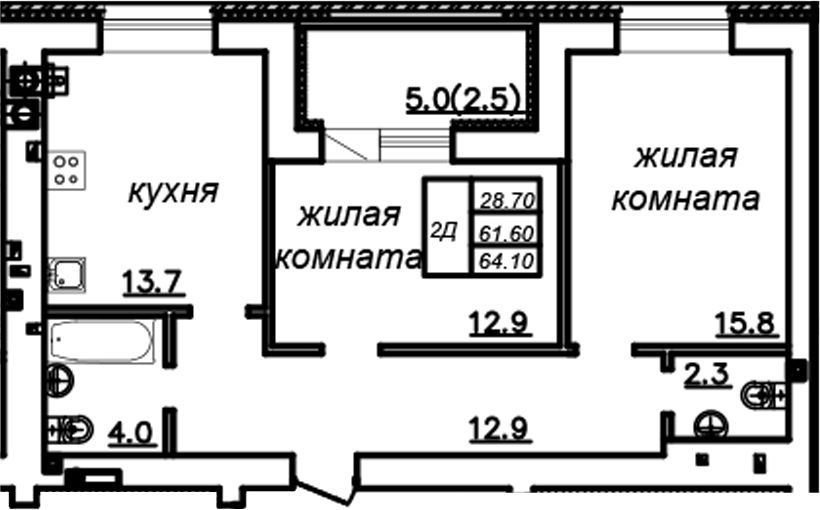 Планировка — Зеленая долина, 2-комн., 62 м²